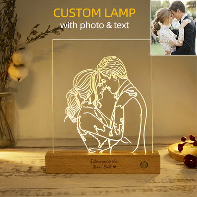 Personalized Acrylic Lamp with Custom Photo and Text | USB Rechargeable Night Light with Wooden Base | Home Decor